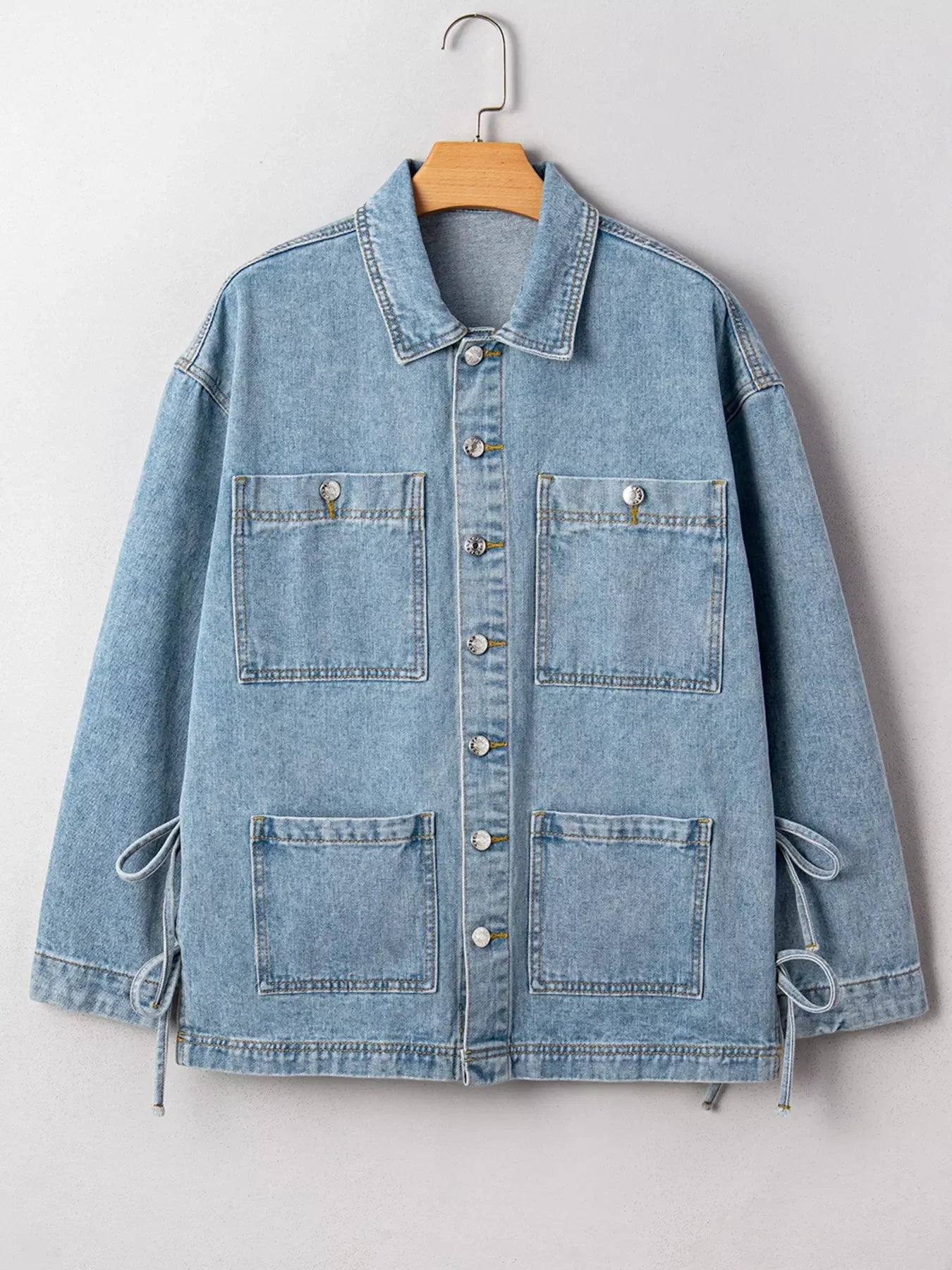 Patched Pockets Side Tie Denim Jacket