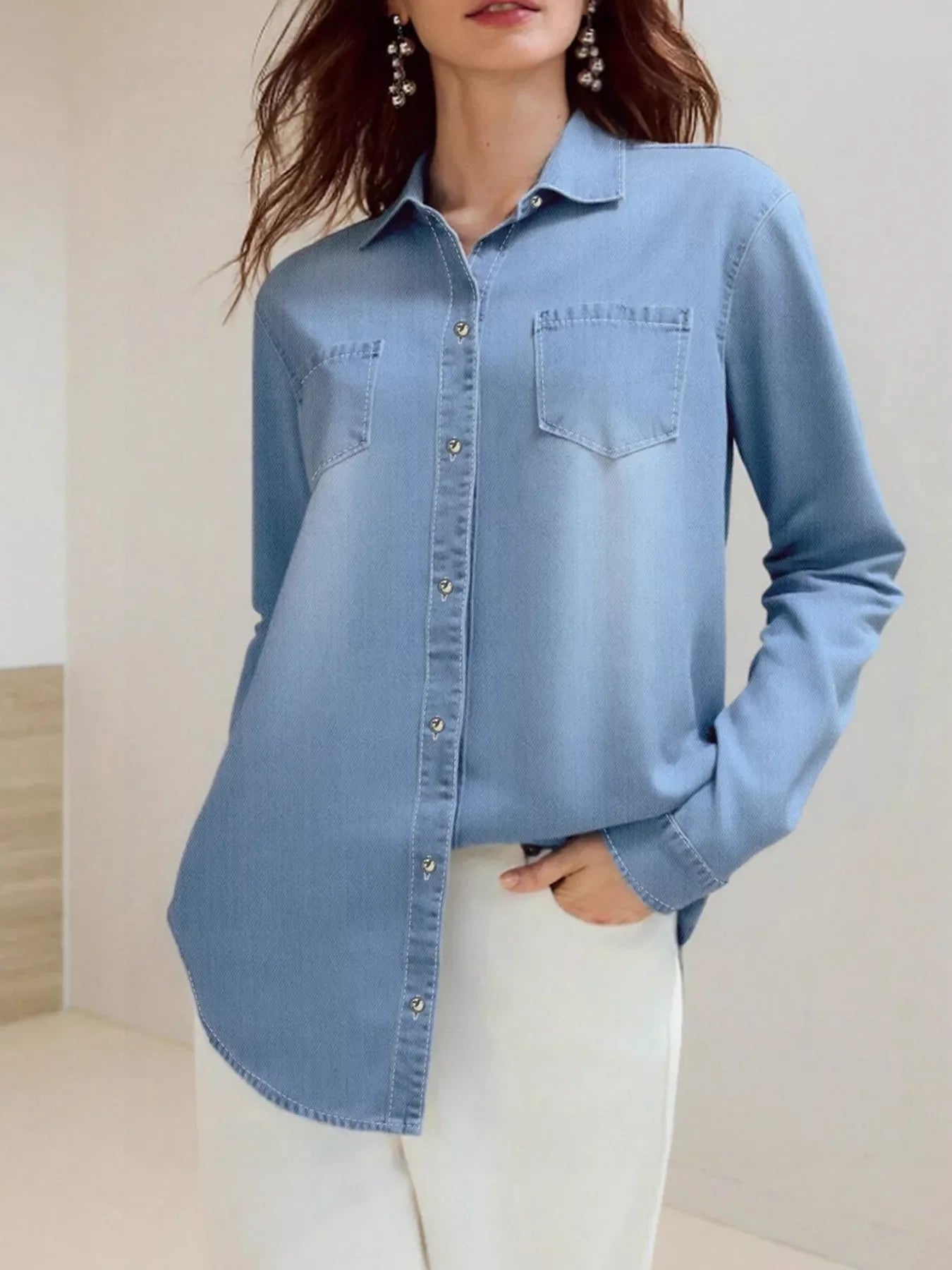 Full Size Button-Up Long Sleeve Denim Shirt Plus Size