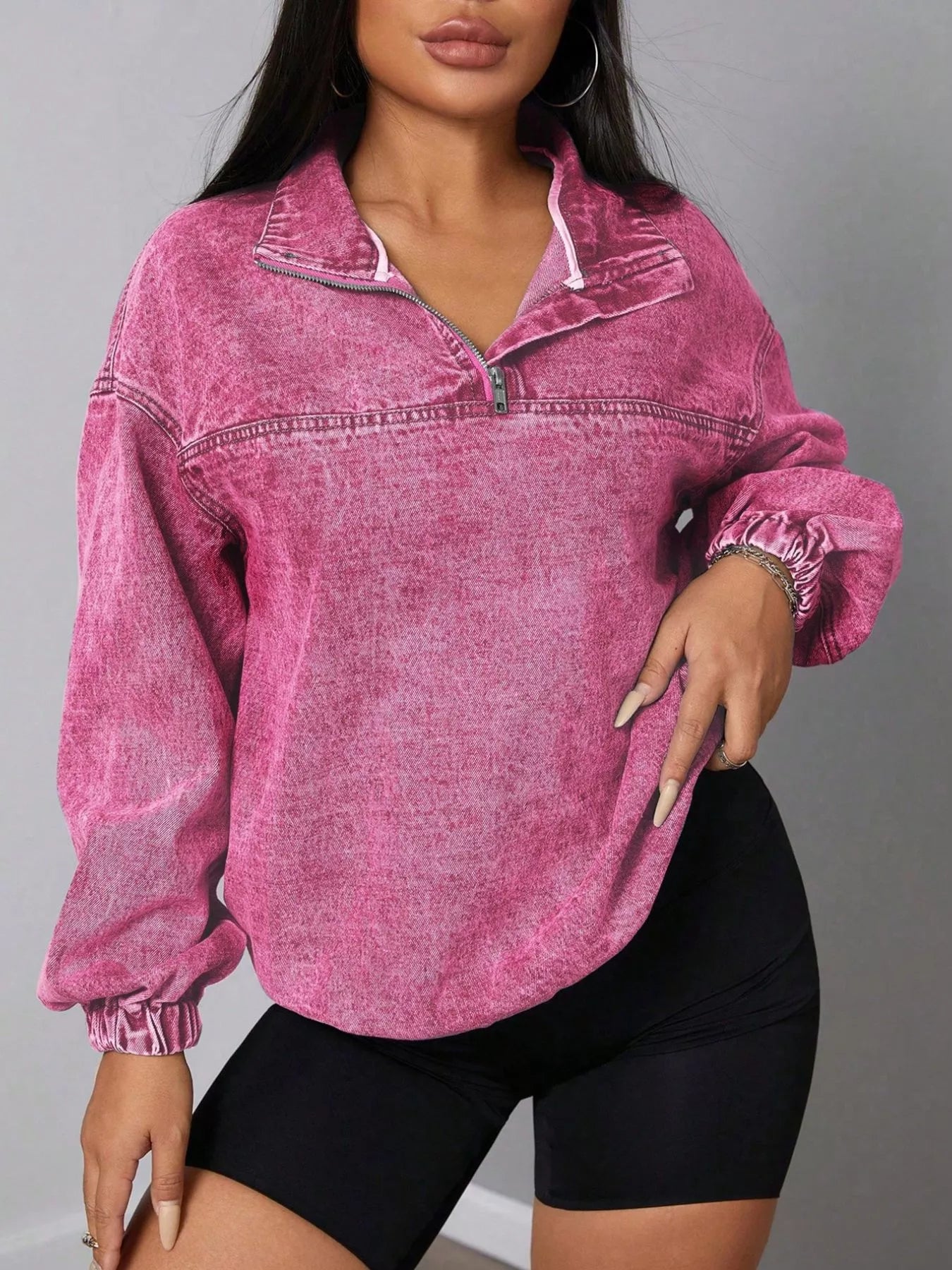Zip Collar Long Sleeve Denim Top