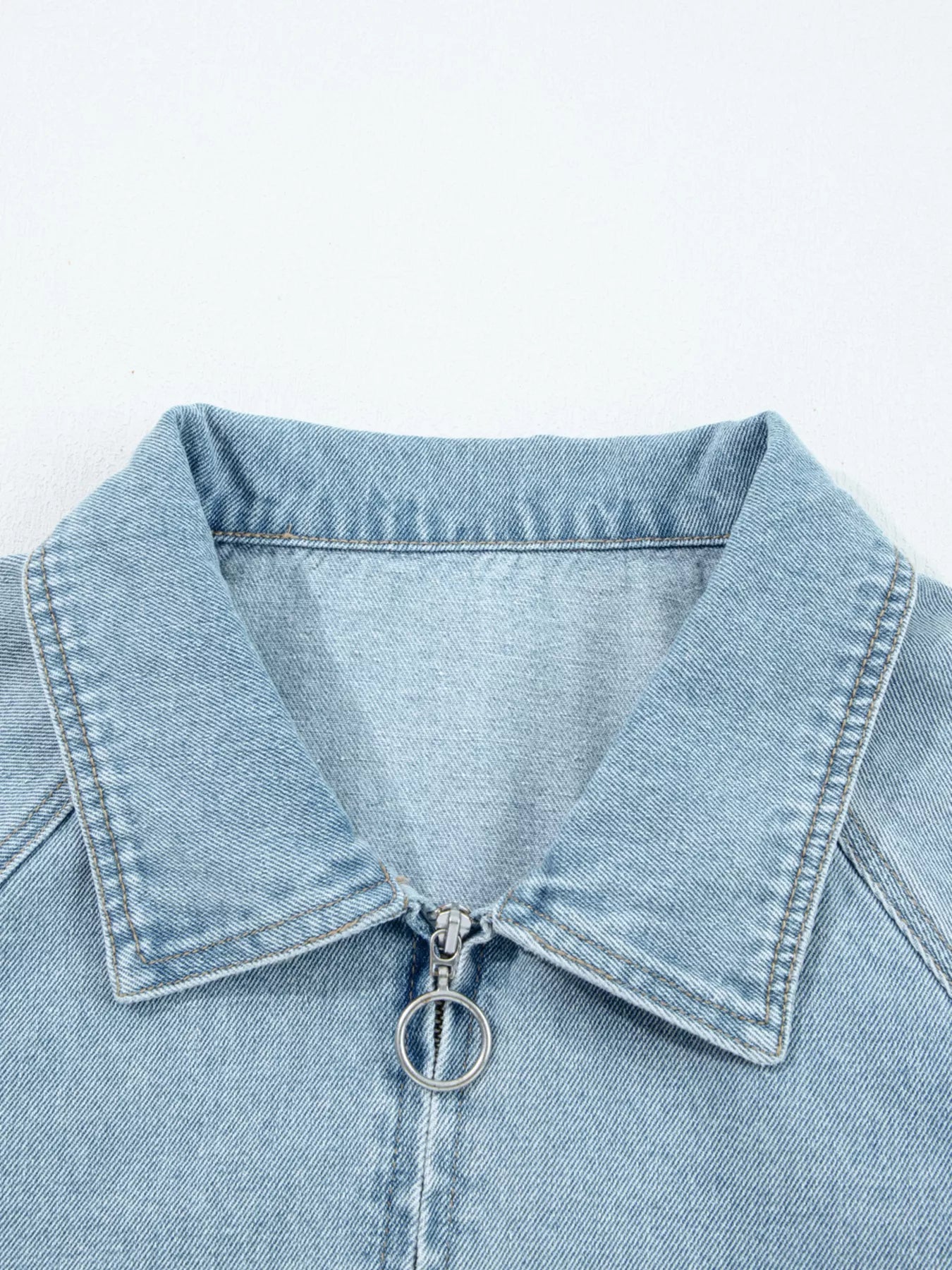 Elastic Edge Collared Zip Up Denim Jacket With Pocket