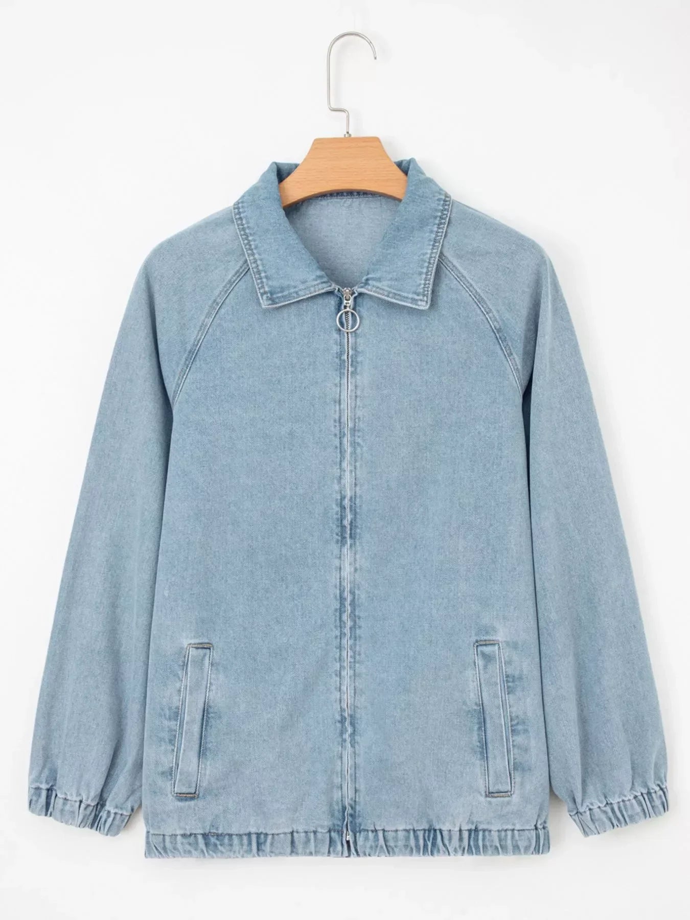 Elastic Edge Collared Zip Up Denim Jacket With Pocket