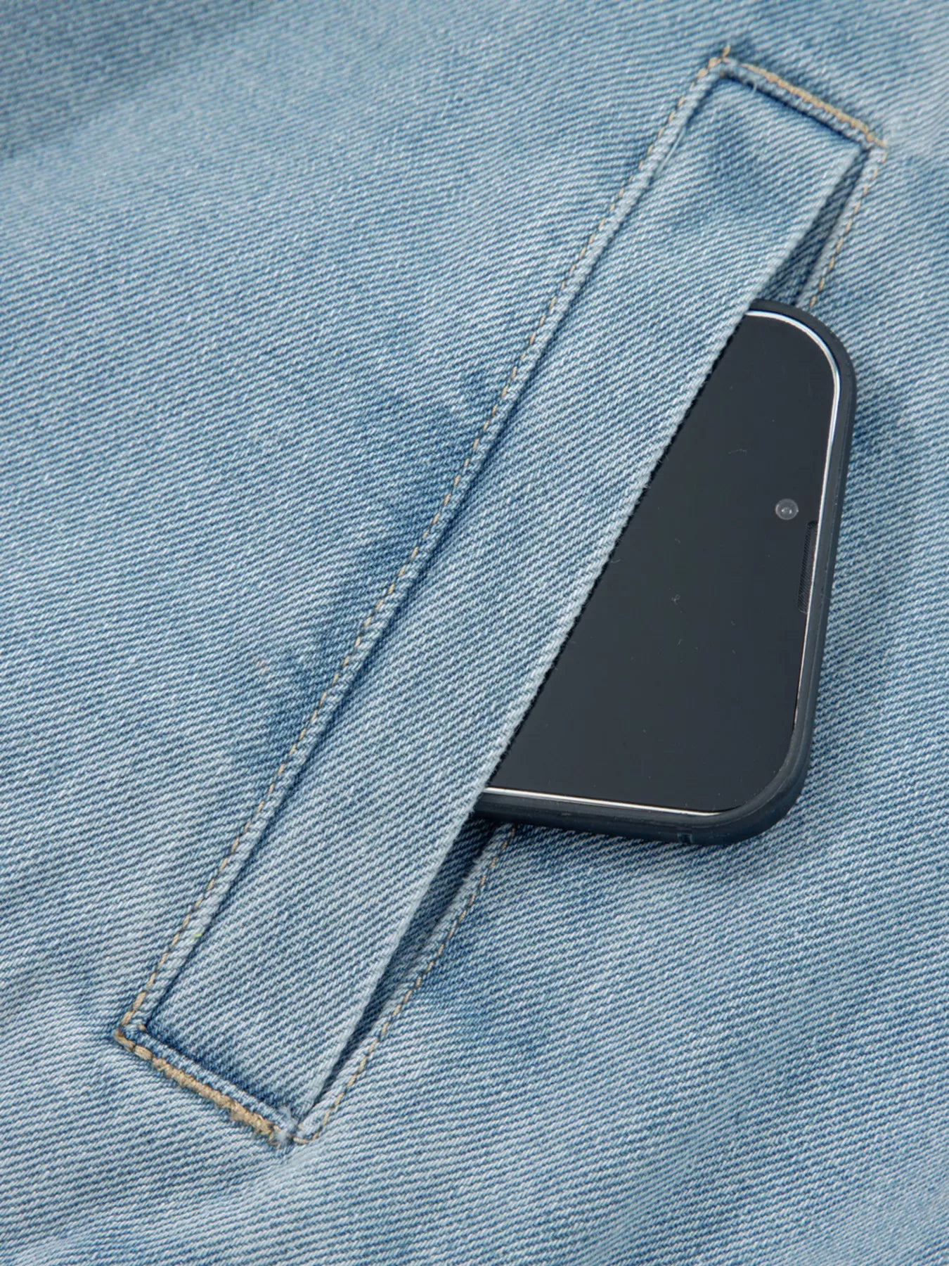 Elastic Edge Collared Zip Up Denim Jacket With Pocket