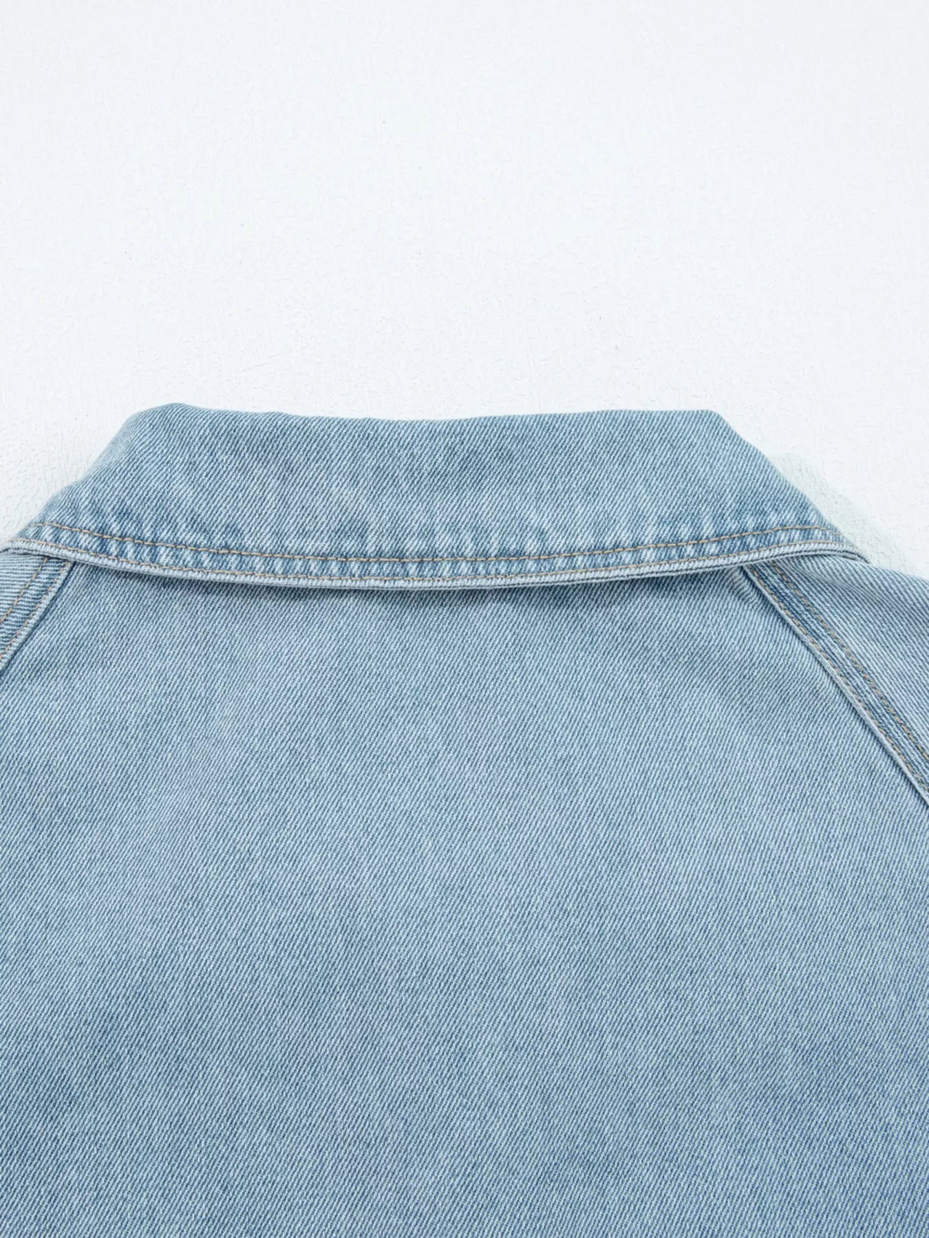 Elastic Edge Collared Zip Up Denim Jacket With Pocket