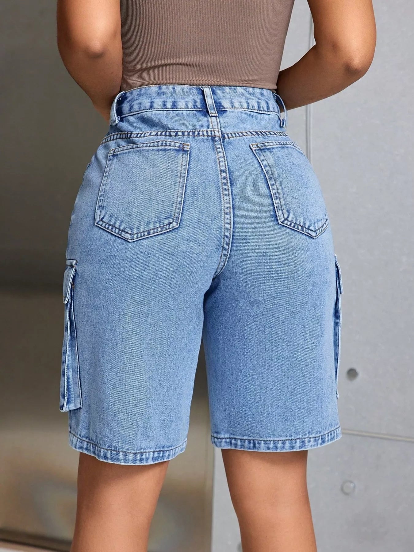 High-Waisted Cargo Denim Shorts