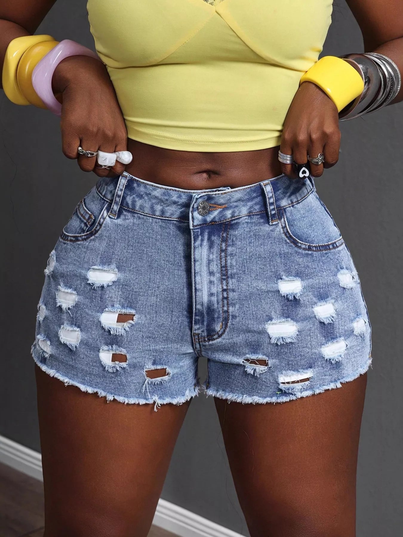 Distressed Denim Shorts with Pockets