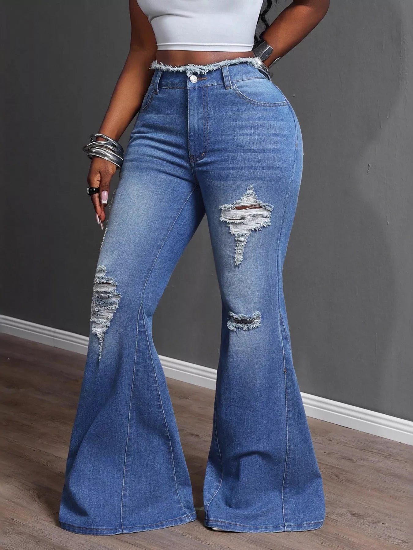 High Waisted Distressed Flare Jeans
