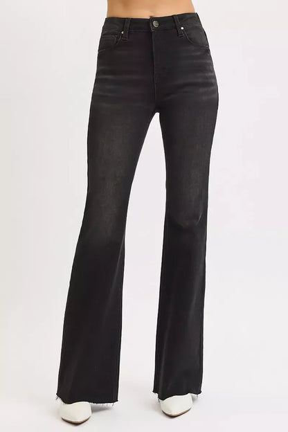 RISEN Full Size High Rise Flare Raw Cut Hem Jeans Plus Size