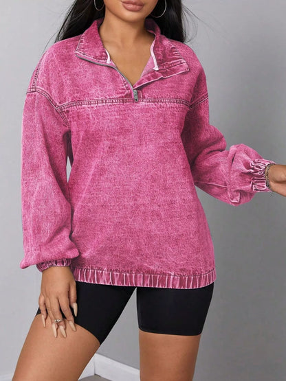 Zip Collar Long Sleeve Denim Top