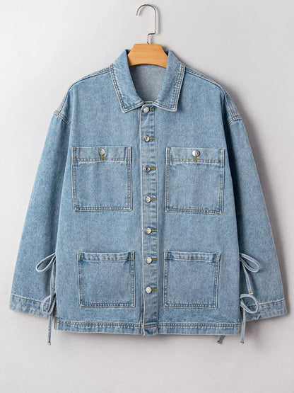 Patched Pockets Side Tie Denim Jacket