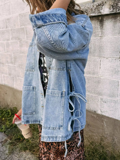 Patched Pockets Side Tie Denim Jacket