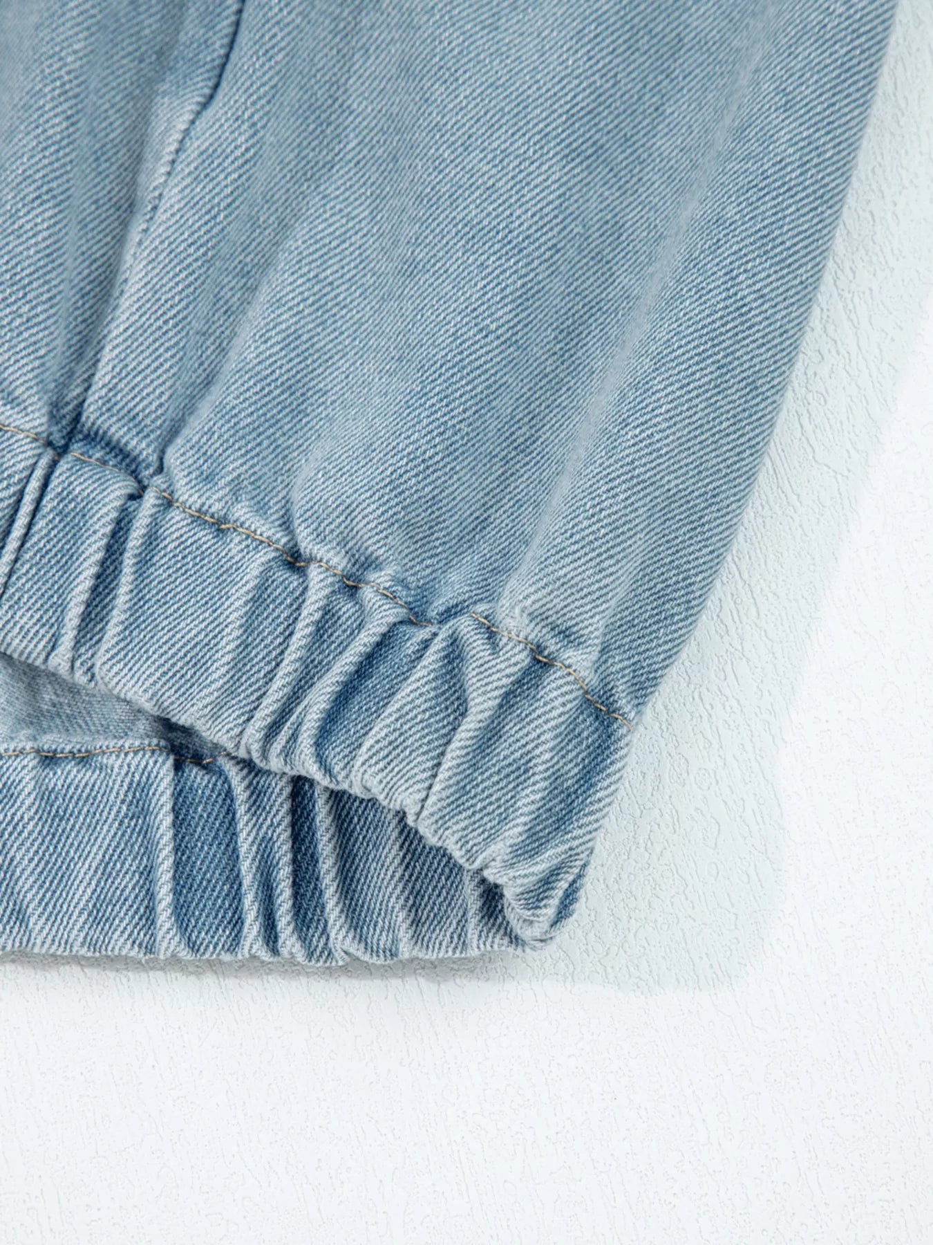 Elastic Edge Collared Zip Up Denim Jacket With Pocket