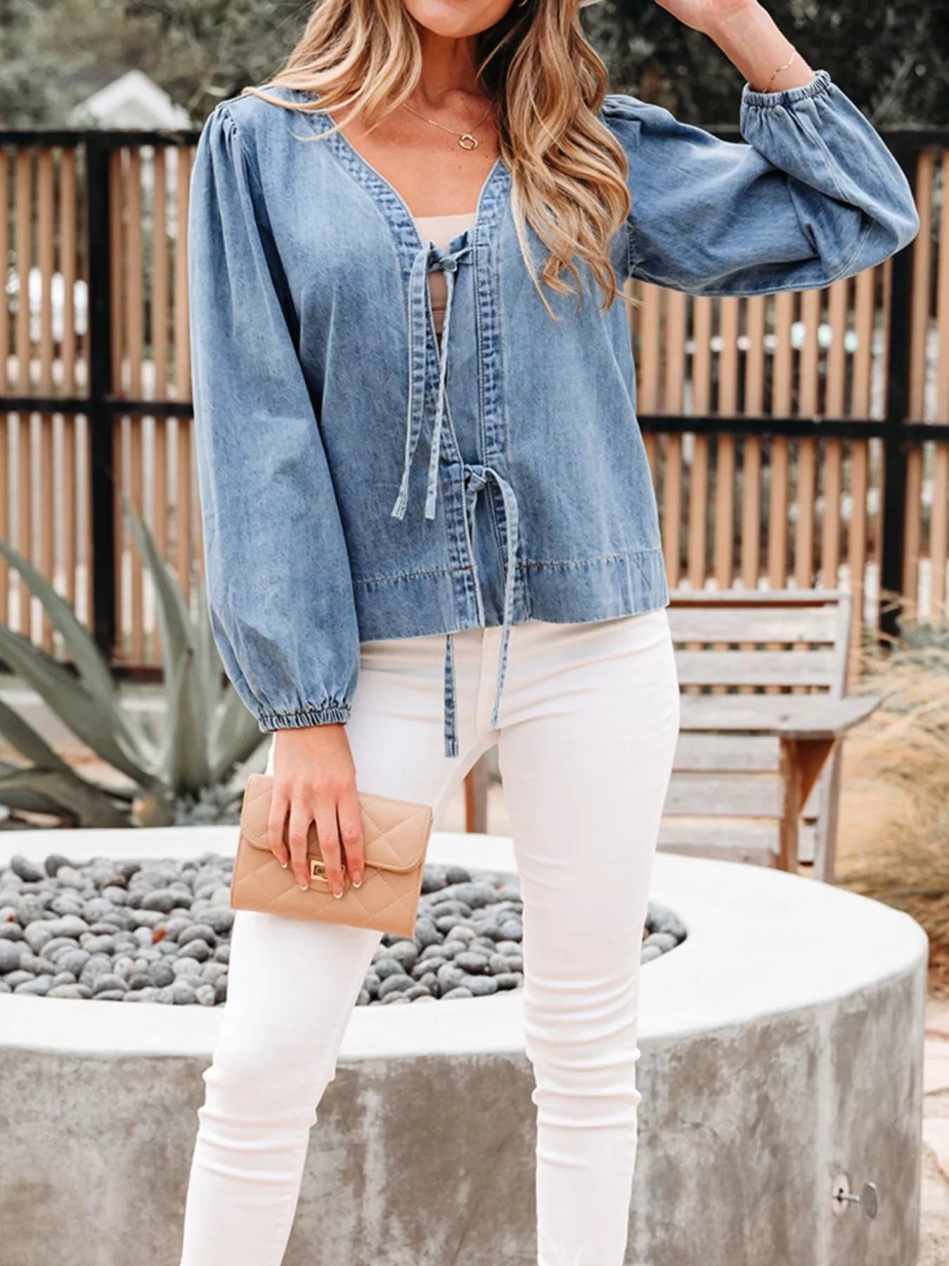 Tied Front Puff Sleeve Denim Top