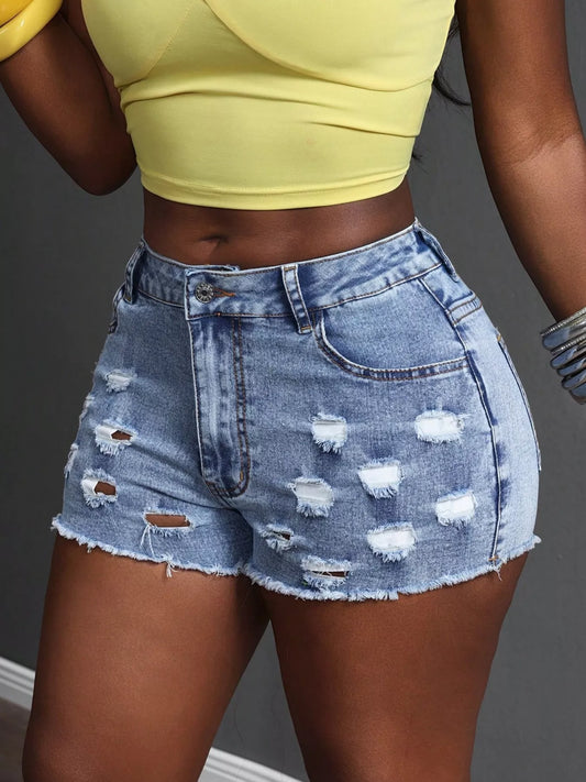 Distressed Denim Shorts with Pockets