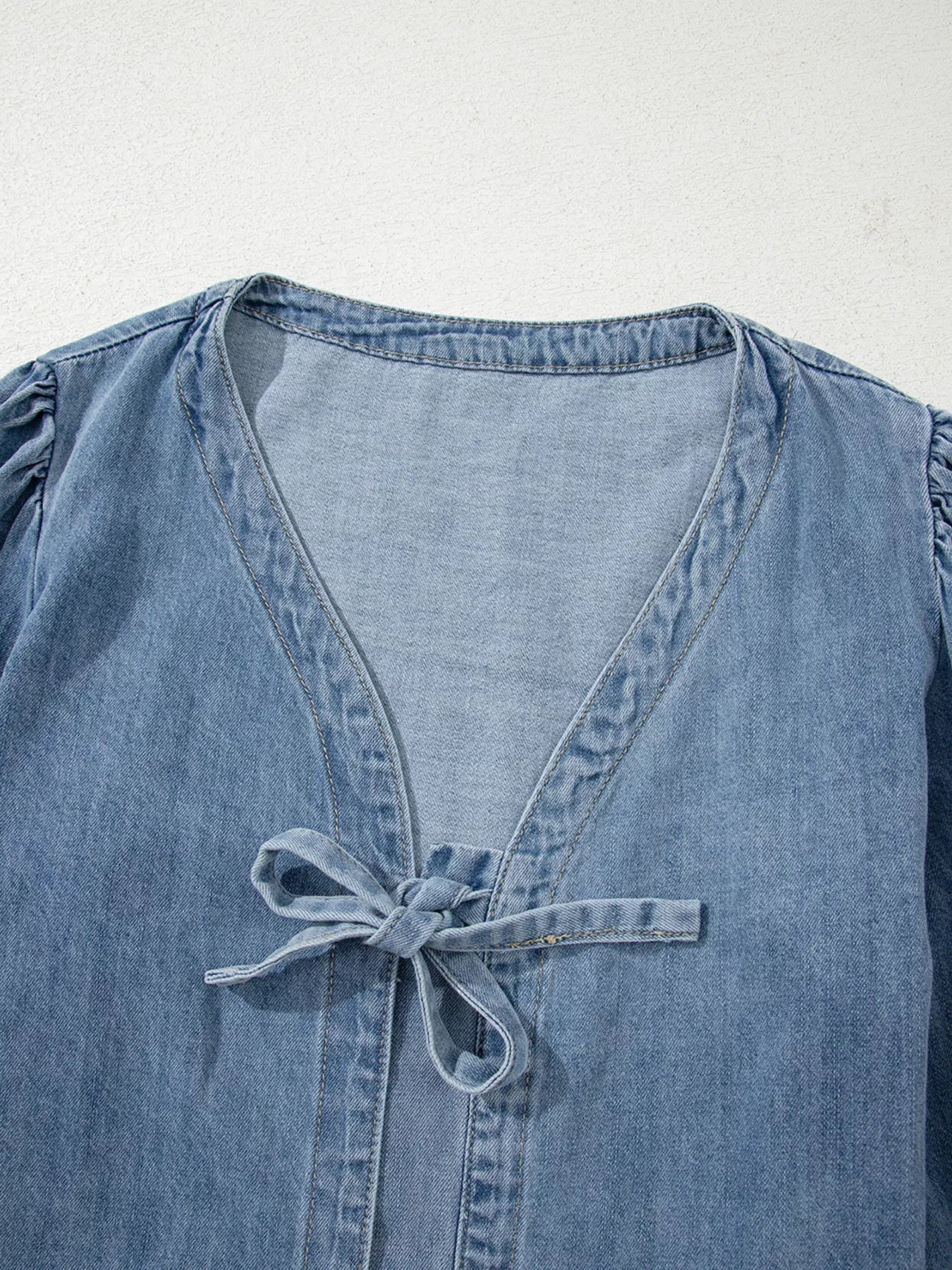 Tied Front Puff Sleeve Denim Top