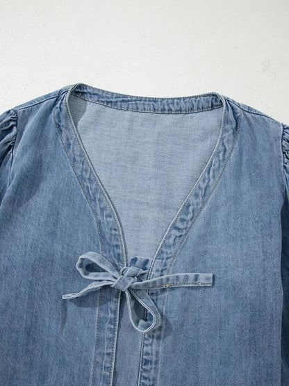 Tied Front Puff Sleeve Denim Top