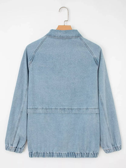 Elastic Edge Collared Zip Up Denim Jacket With Pocket