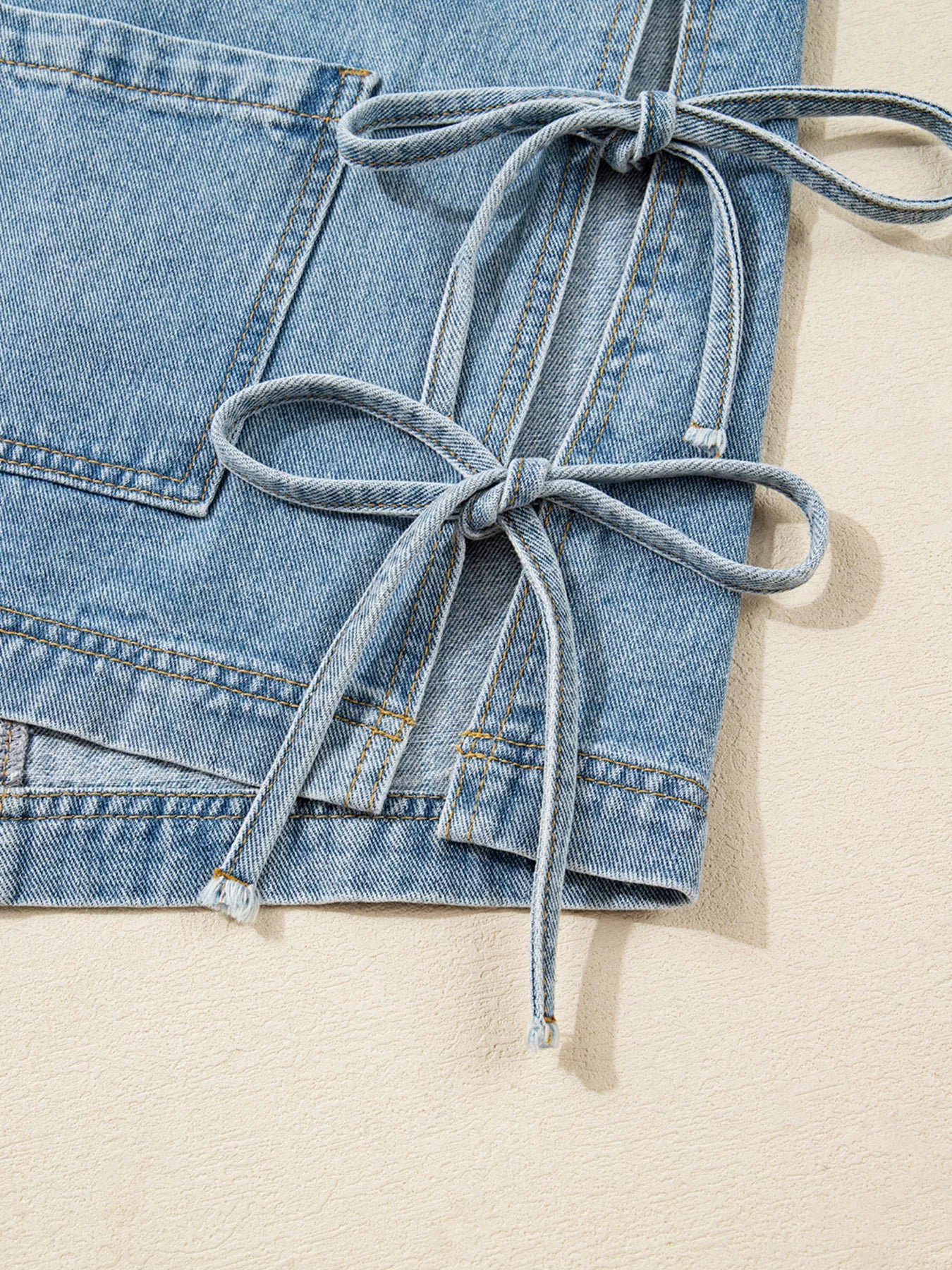 Patched Pockets Side Tie Denim Jacket