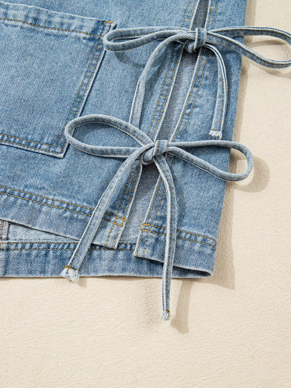 Patched Pockets Side Tie Denim Jacket
