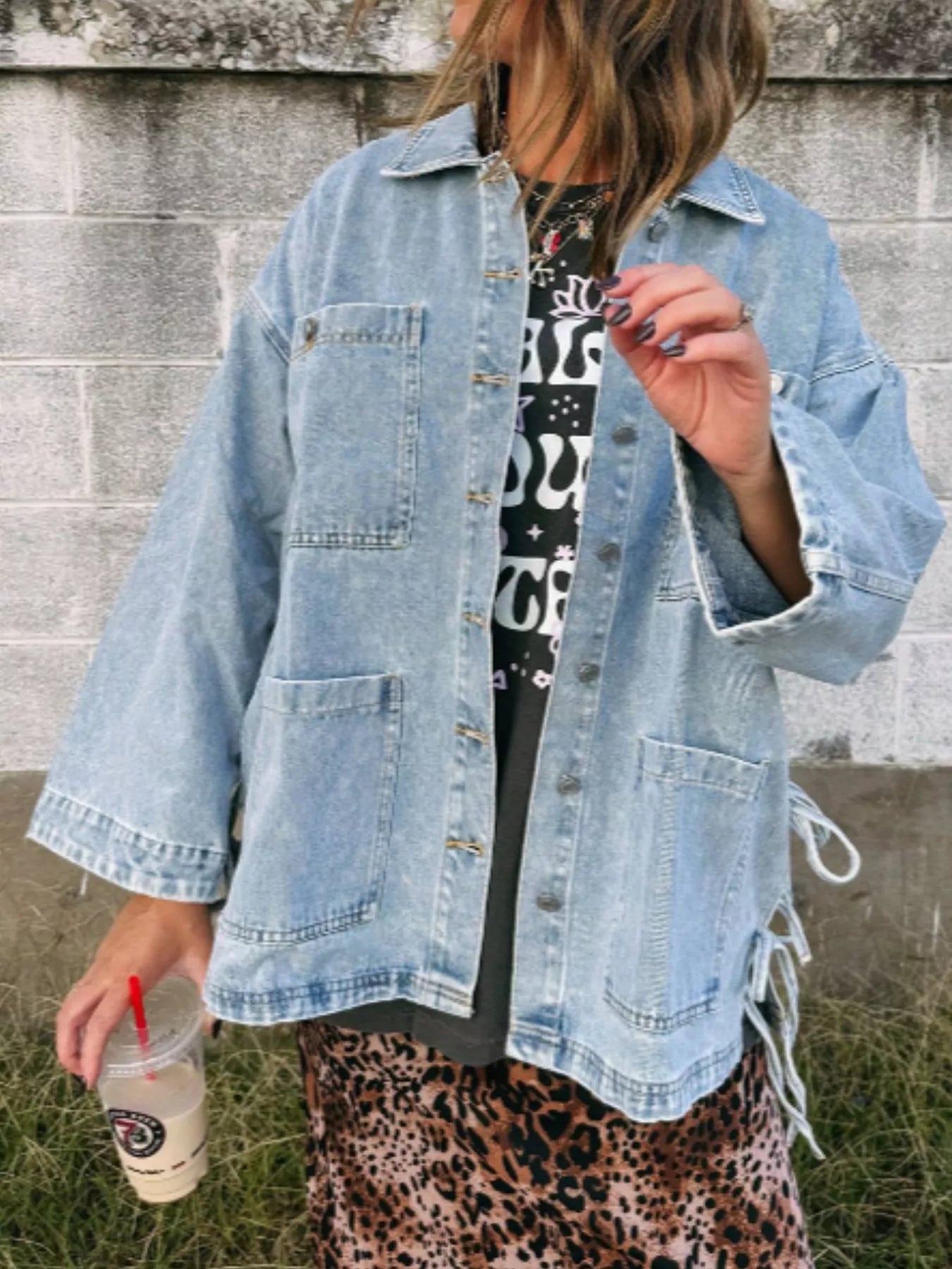 Patched Pockets Side Tie Denim Jacket