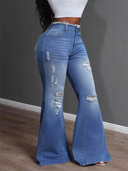High Waisted Distressed Flare Jeans