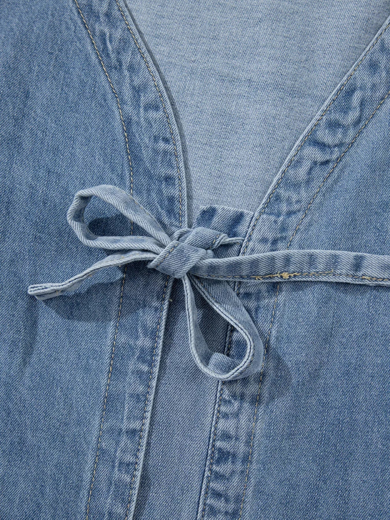 Tied Front Puff Sleeve Denim Top