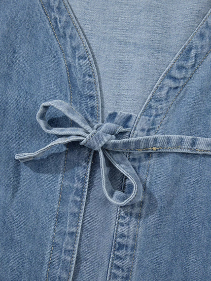 Tied Front Puff Sleeve Denim Top
