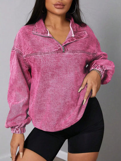 Zip Collar Long Sleeve Denim Top