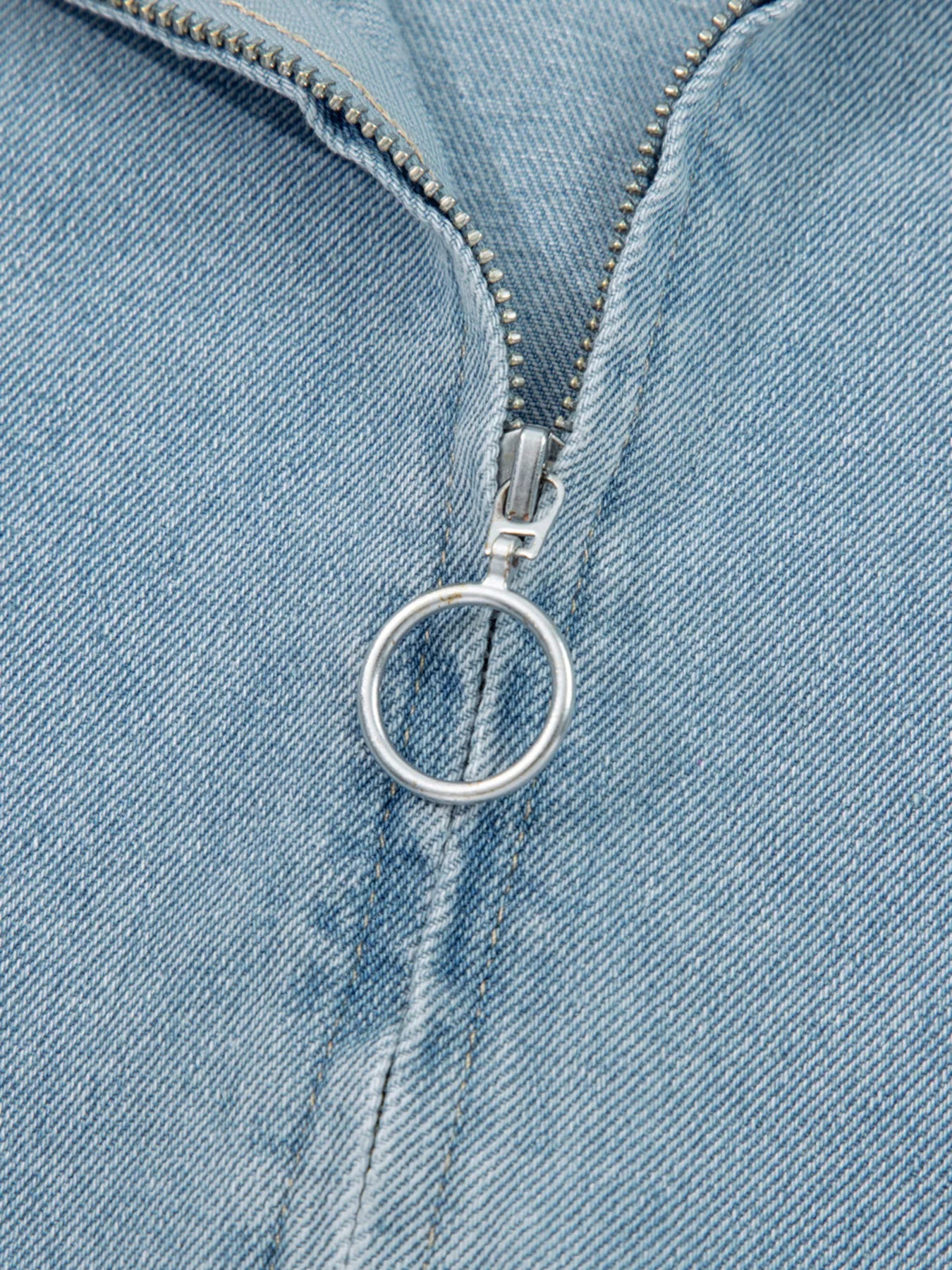 Elastic Edge Collared Zip Up Denim Jacket With Pocket