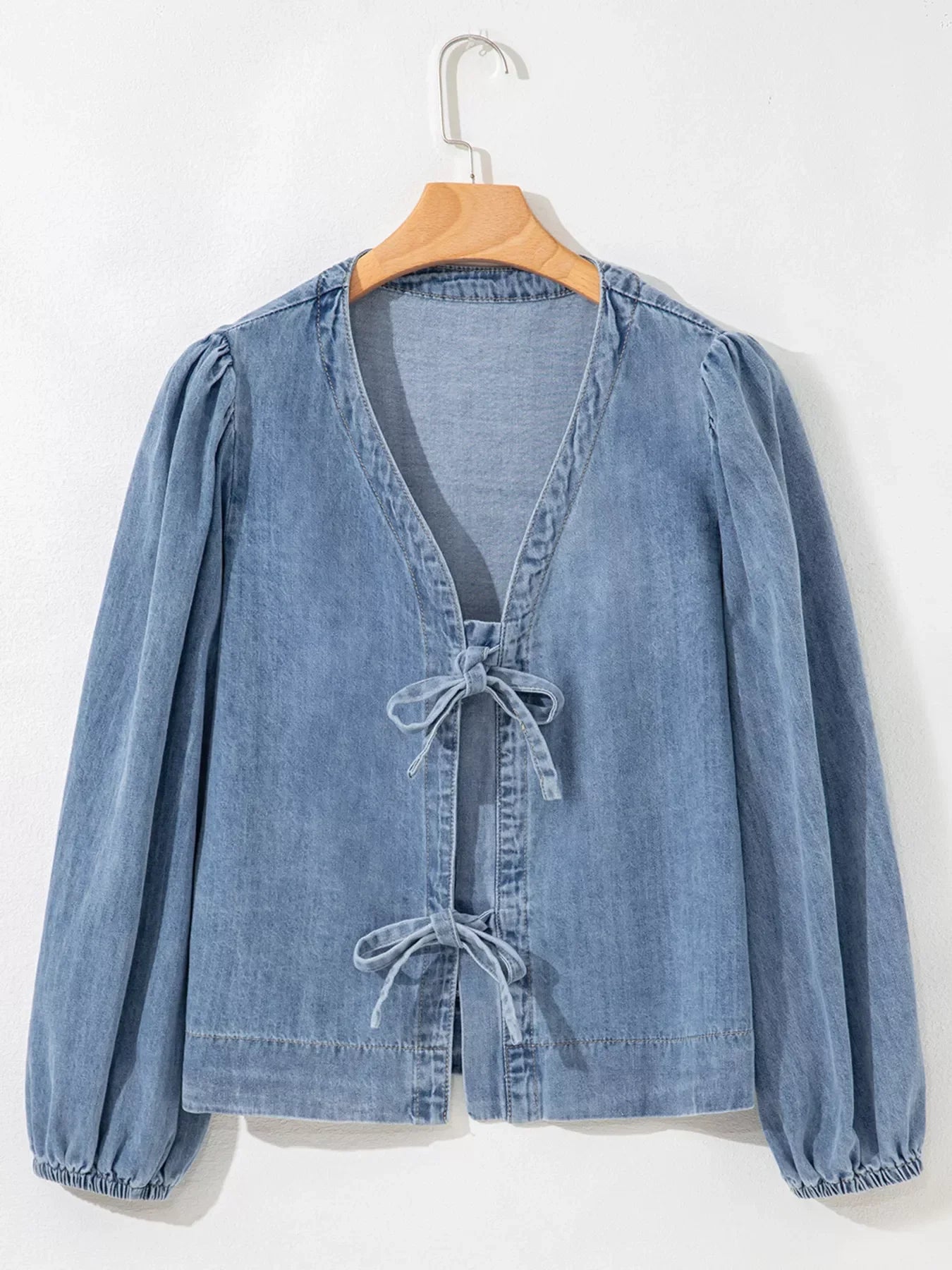 Tied Front Puff Sleeve Denim Top