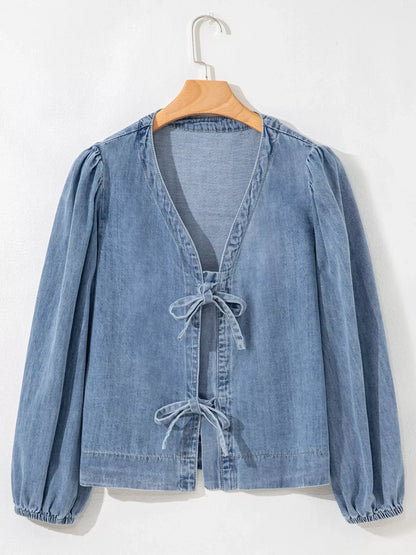 Tied Front Puff Sleeve Denim Top
