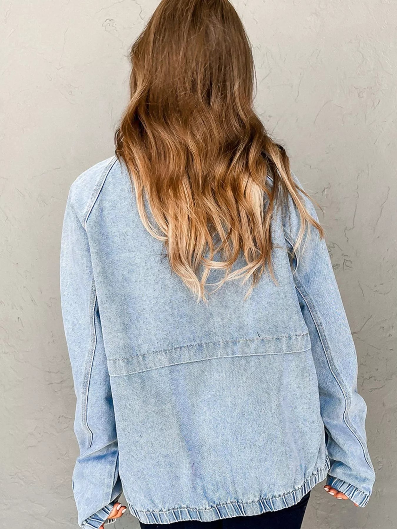 Elastic Edge Collared Zip Up Denim Jacket With Pocket