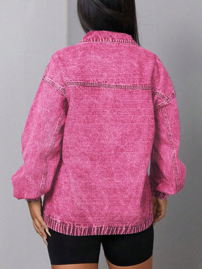 Zip Collar Long Sleeve Denim Top