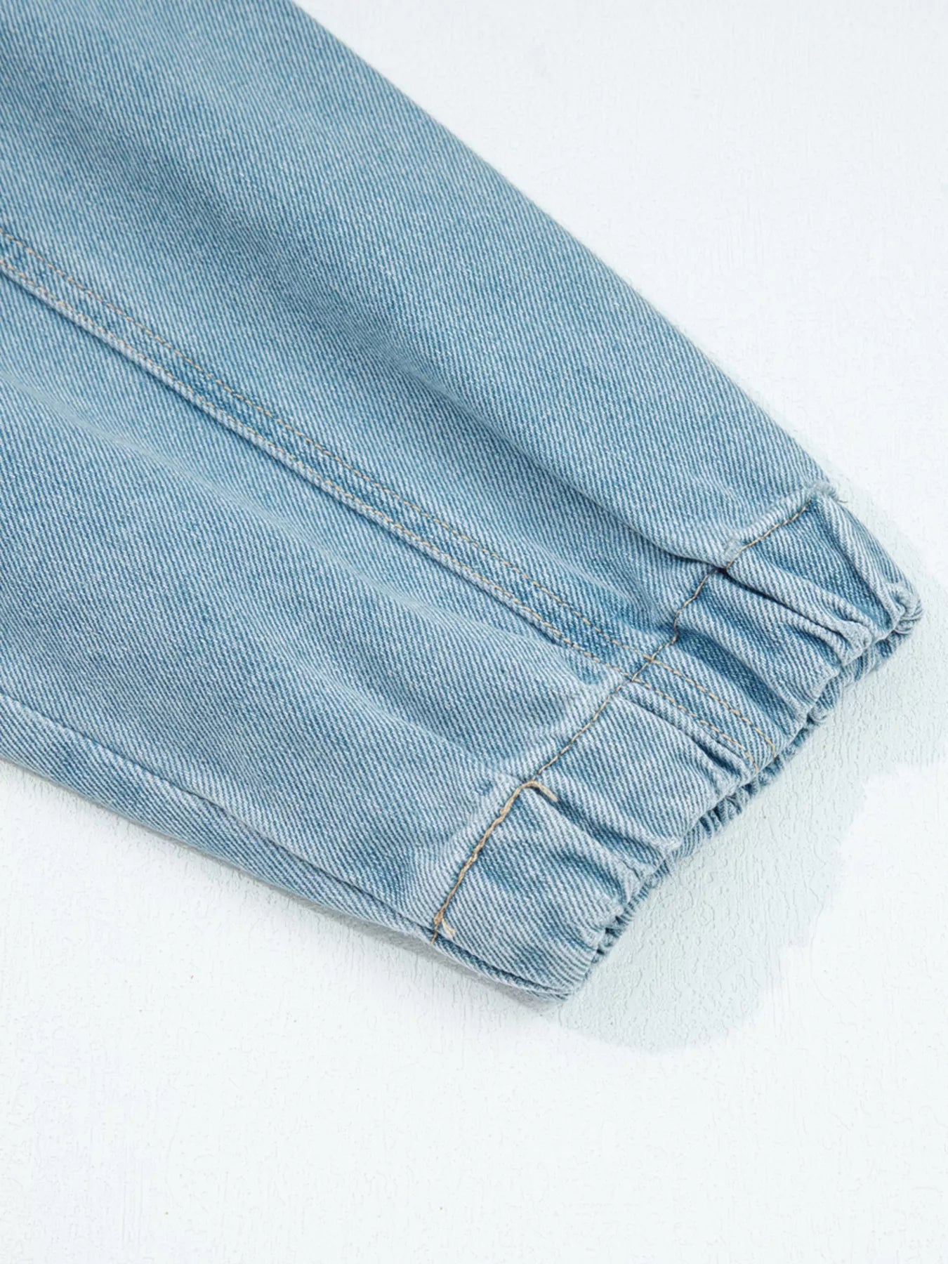 Elastic Edge Collared Zip Up Denim Jacket With Pocket