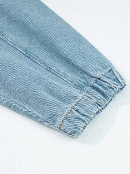 Elastic Edge Collared Zip Up Denim Jacket With Pocket