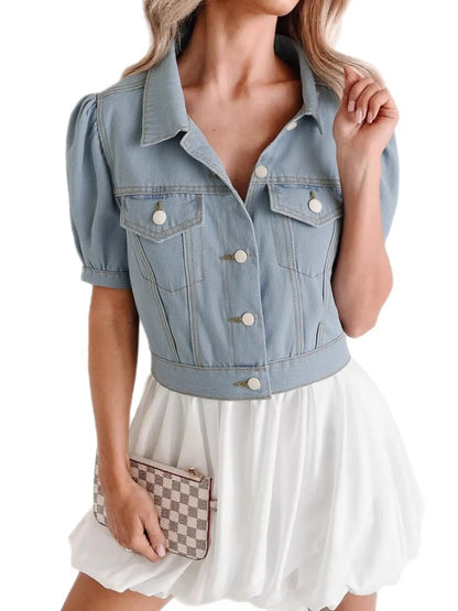 Button Up Puff Sleeve Cropped Denim Jacket