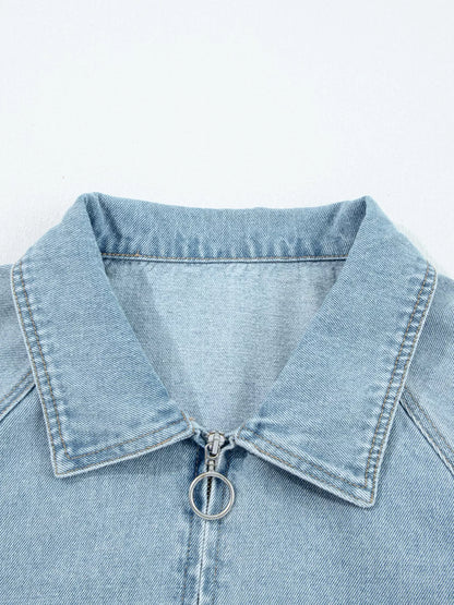 Elastic Edge Collared Zip Up Denim Jacket With Pocket