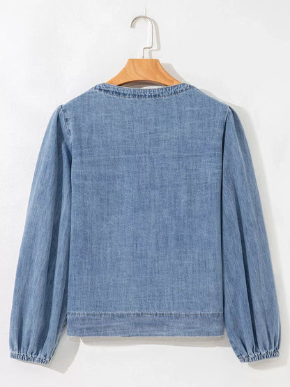Tied Front Puff Sleeve Denim Top