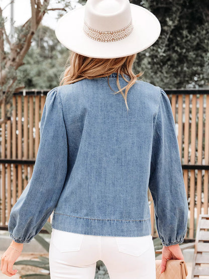 Tied Front Puff Sleeve Denim Top
