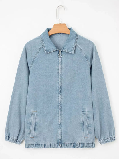 Elastic Edge Collared Zip Up Denim Jacket With Pocket