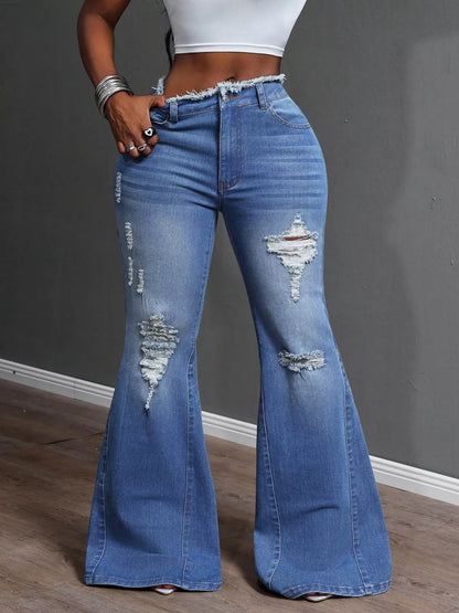 High Waisted Distressed Flare Jeans