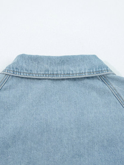Elastic Edge Collared Zip Up Denim Jacket With Pocket