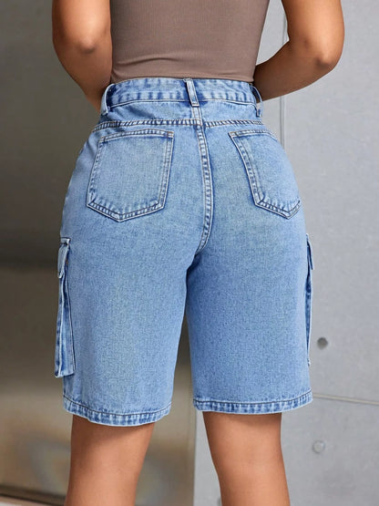 High-Waisted Cargo Denim Shorts