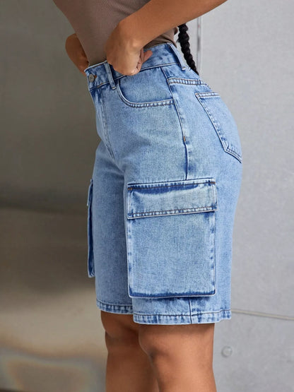 High-Waisted Cargo Denim Shorts