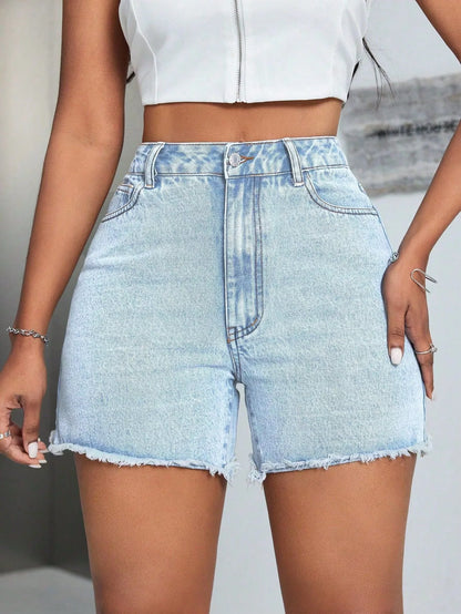 High-Waisted Raw Hem Denim Shorts